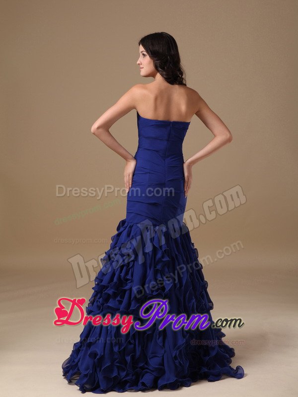 Appliqued Royal Blue Mermaid Prom Formal Dress with Ruffled Layers