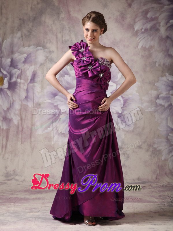 Eggplant Purple One Shoulder Prom Formal Dress with Flowers Beading