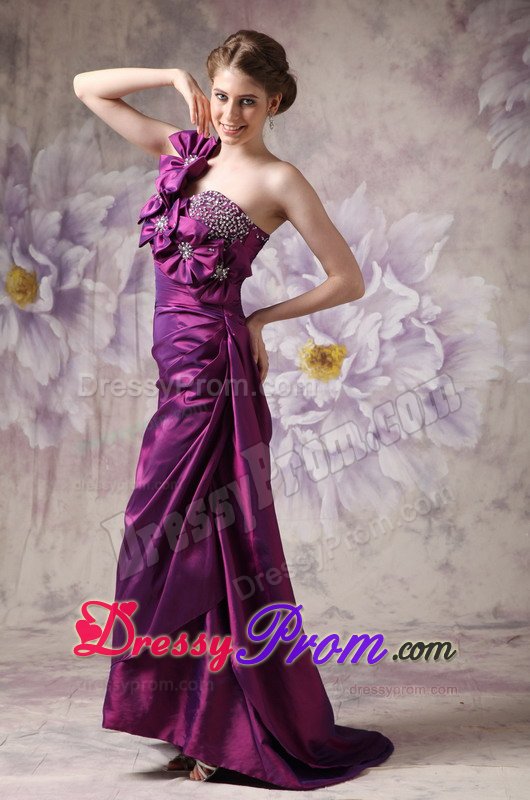 Eggplant Purple One Shoulder Prom Formal Dress with Flowers Beading