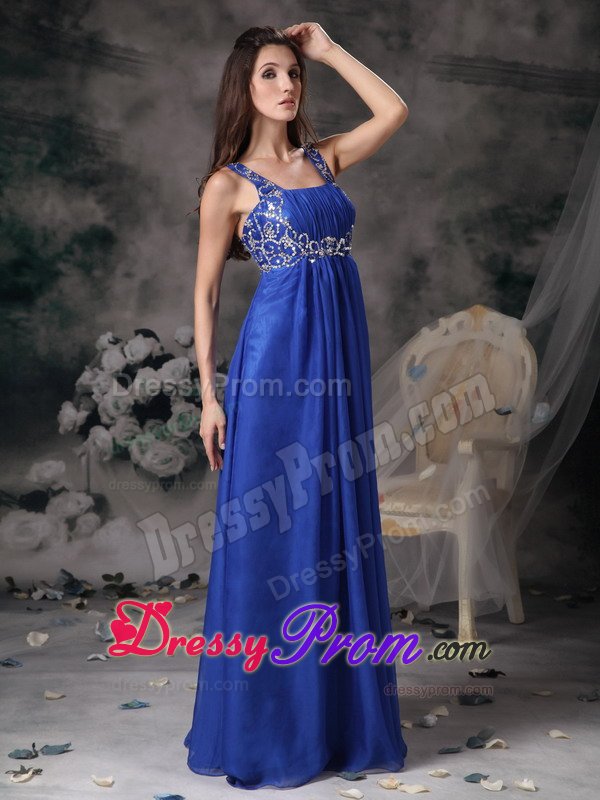 Royal Blue Empire Straps Prom Formal Dress with Beading and Ruches
