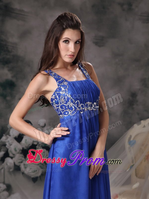 Royal Blue Empire Straps Prom Formal Dress with Beading and Ruches