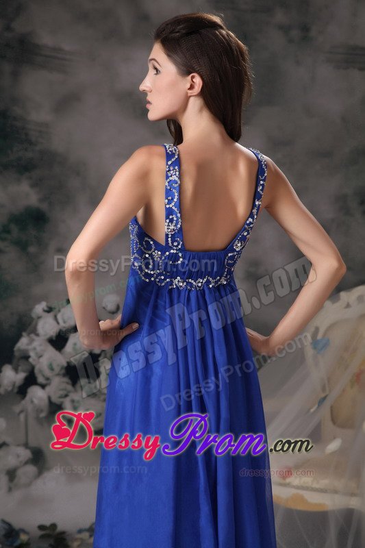 Royal Blue Empire Straps Prom Formal Dress with Beading and Ruches
