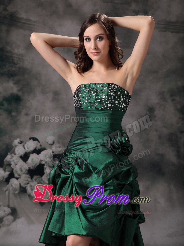 Hunter Green High-low Prom Gown Dress with Beading and Ruches