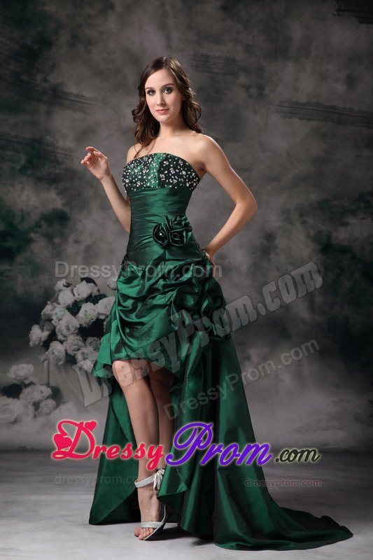 Hunter Green High-low Prom Gown Dress with Beading and Ruches