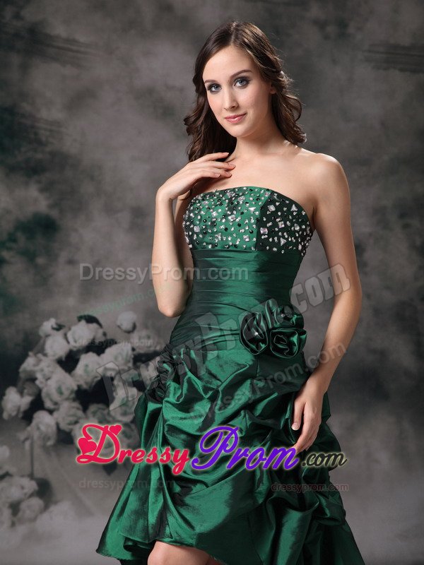 Hunter Green High-low Prom Gown Dress with Beading and Ruches