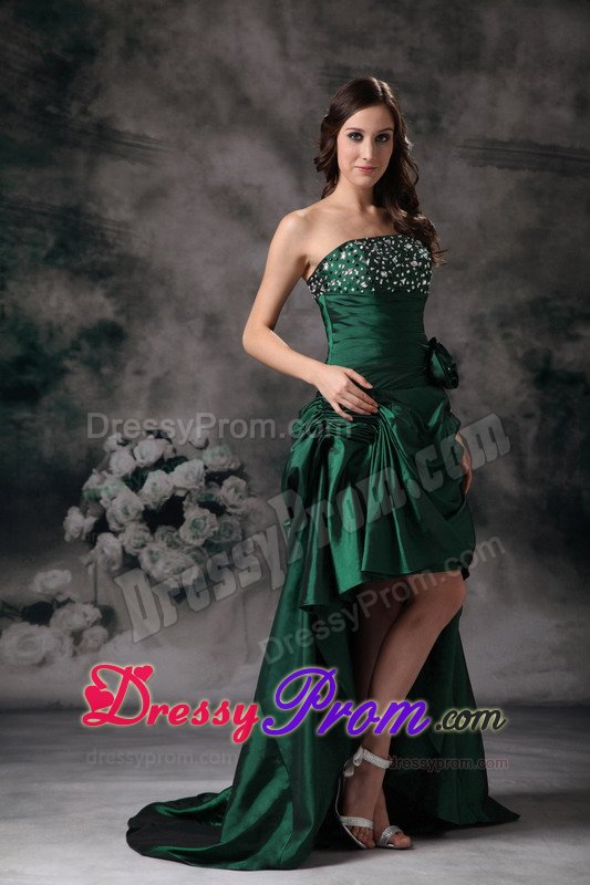 Hunter Green High-low Prom Gown Dress with Beading and Ruches