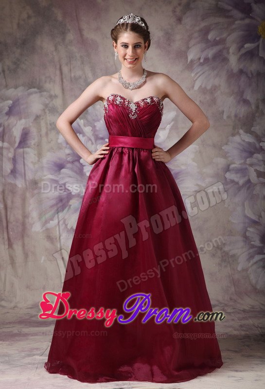 Burgundy A-line Organza Prom Formal Dresses with Beading and Belt