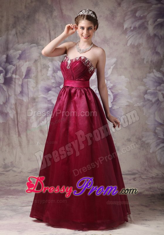 Burgundy A-line Organza Prom Formal Dresses with Beading and Belt