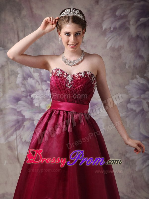 Burgundy A-line Organza Prom Formal Dresses with Beading and Belt