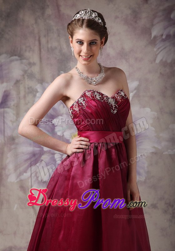 Burgundy A-line Organza Prom Formal Dresses with Beading and Belt