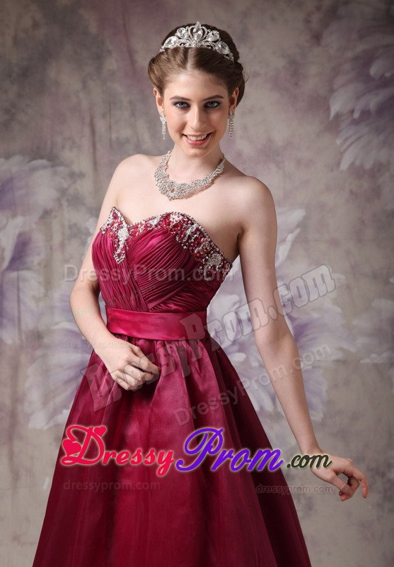 Burgundy A-line Organza Prom Formal Dresses with Beading and Belt