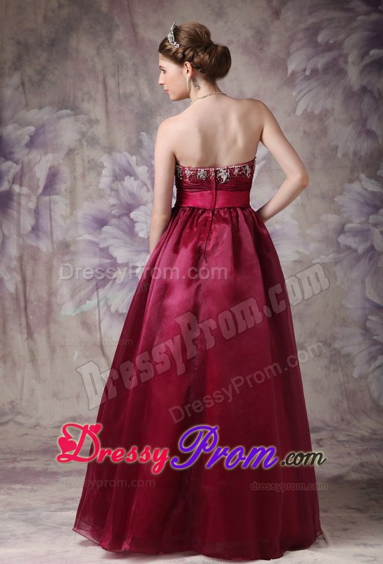 Burgundy A-line Organza Prom Formal Dresses with Beading and Belt