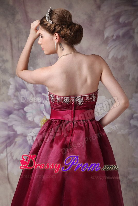 Burgundy A-line Organza Prom Formal Dresses with Beading and Belt
