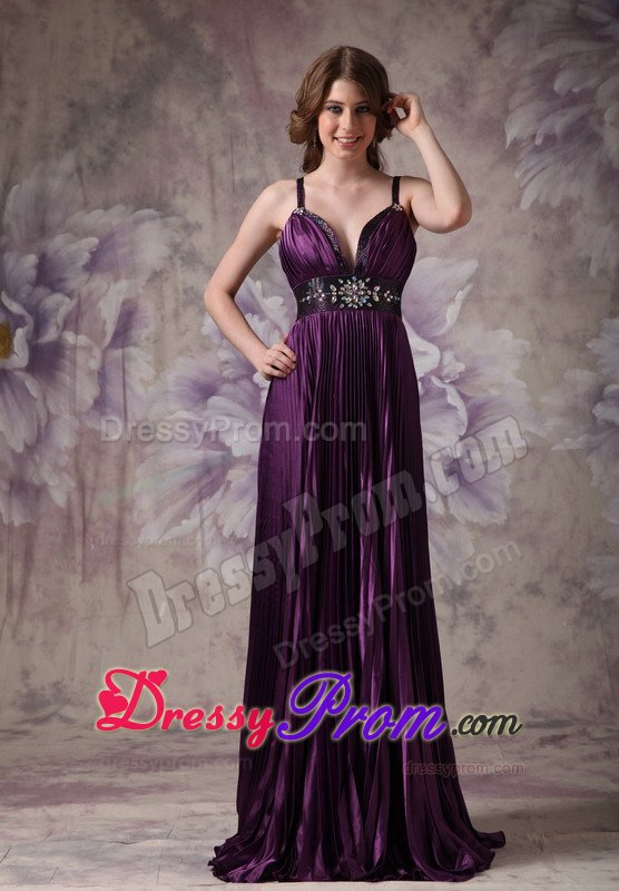 Straps Beading and Pleats Accent Prom Formal Dresses in Dark Purple