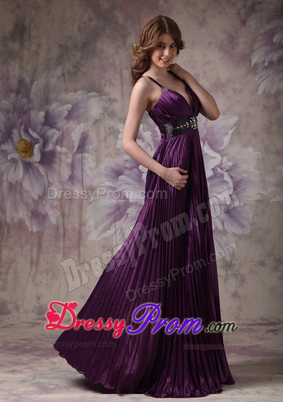 Straps Beading and Pleats Accent Prom Formal Dresses in Dark Purple
