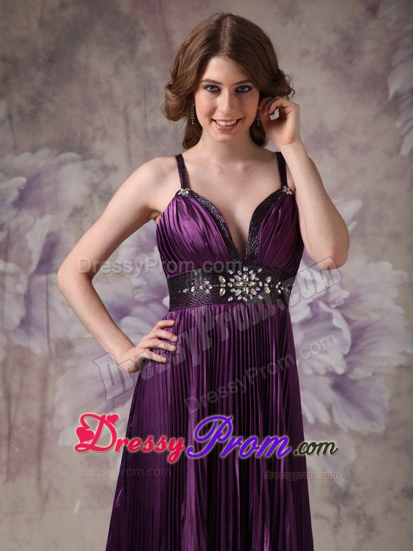 Straps Beading and Pleats Accent Prom Formal Dresses in Dark Purple