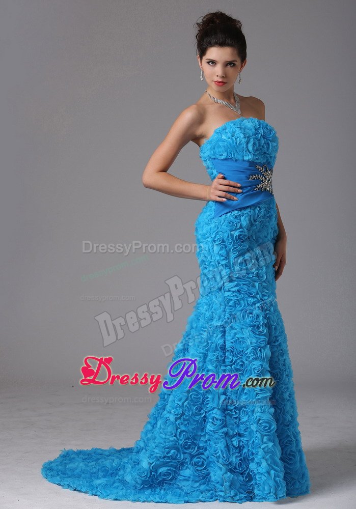 Baby Blue Mermaid Prom Dresses with Beading and Rolling Flowers