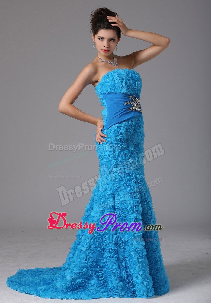Baby Blue Mermaid Prom Dresses with Beading and Rolling Flowers
