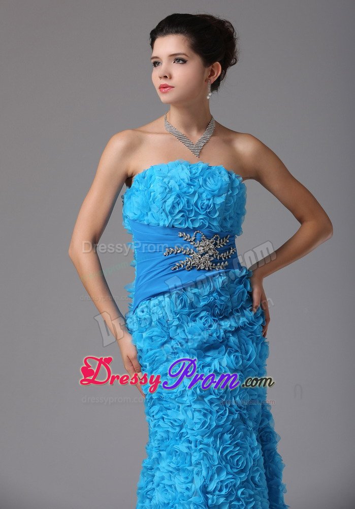 Baby Blue Mermaid Prom Dresses with Beading and Rolling Flowers
