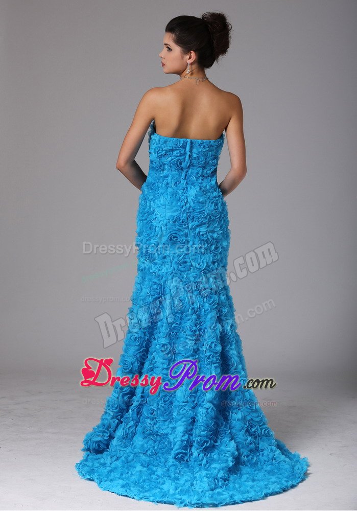Baby Blue Mermaid Prom Dresses with Beading and Rolling Flowers