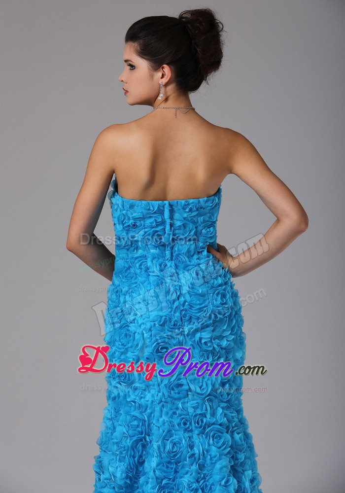 Baby Blue Mermaid Prom Dresses with Beading and Rolling Flowers