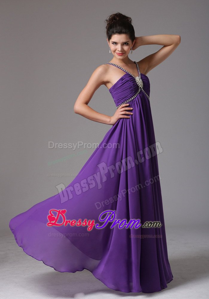 Purple Empire V-neck Prom Formal Dresses with Beading and Ruches