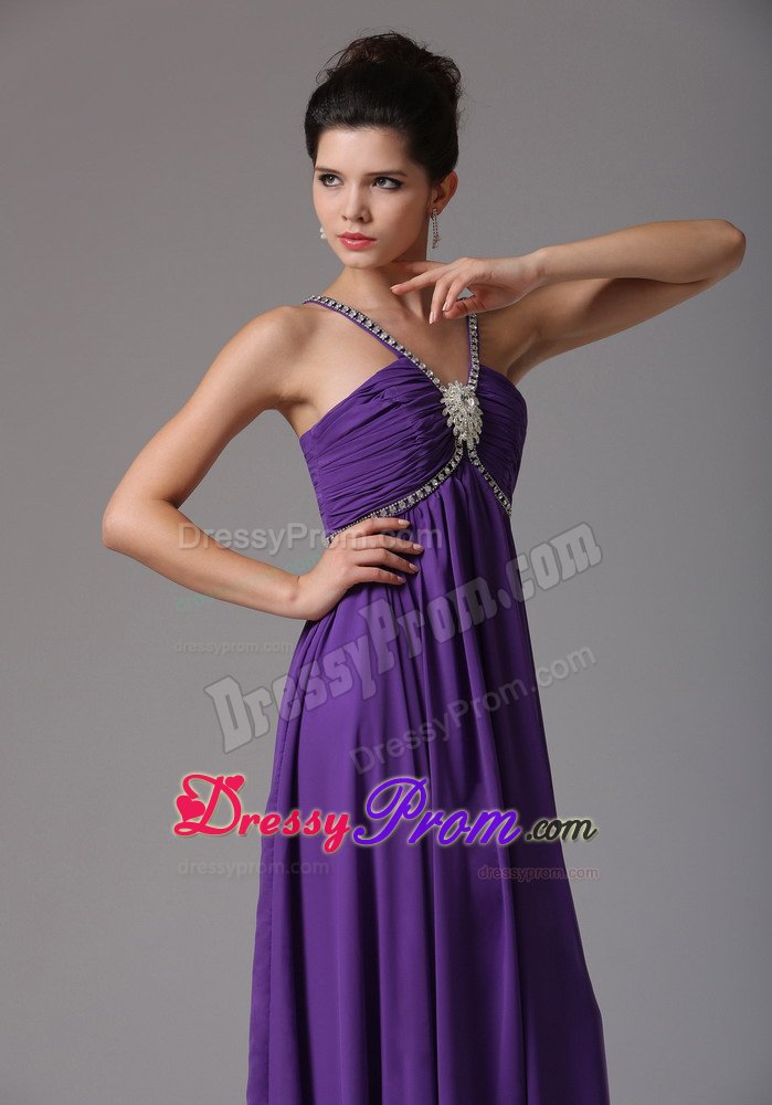 Purple Empire V-neck Prom Formal Dresses with Beading and Ruches