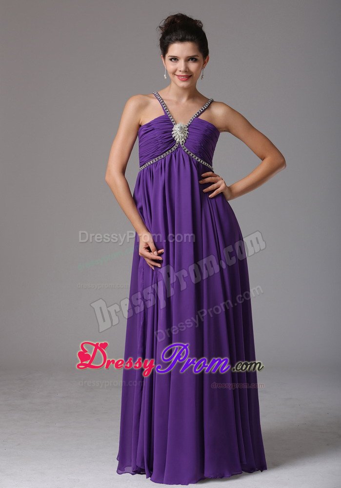 Purple Empire V-neck Prom Formal Dresses with Beading and Ruches