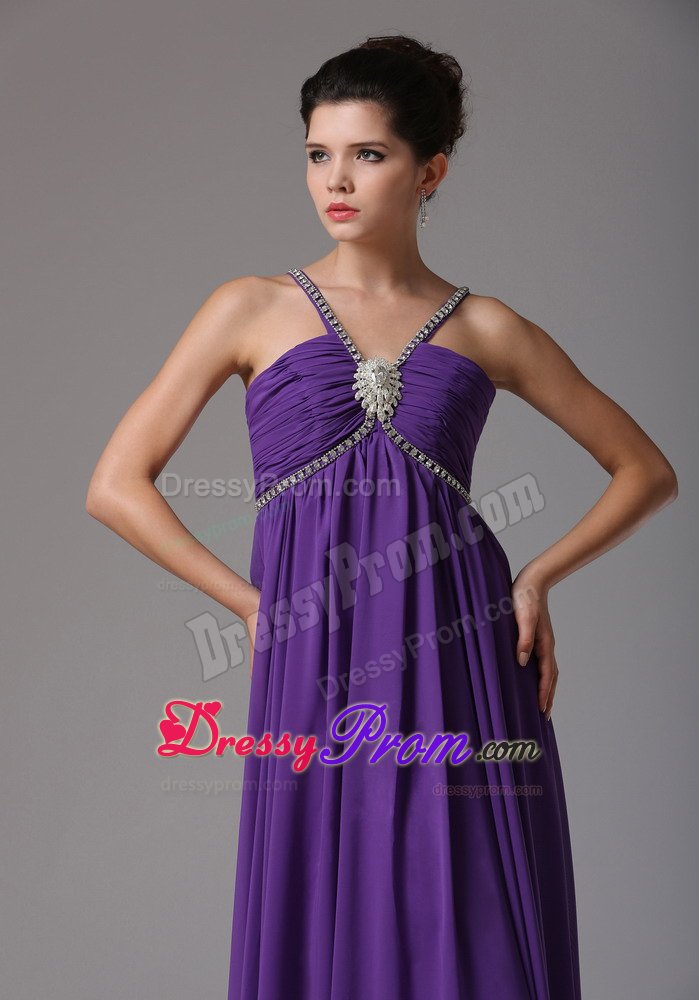 Purple Empire V-neck Prom Formal Dresses with Beading and Ruches