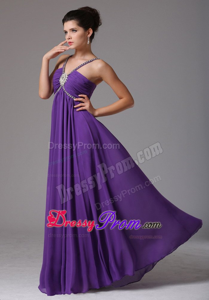 Purple Empire V-neck Prom Formal Dresses with Beading and Ruches