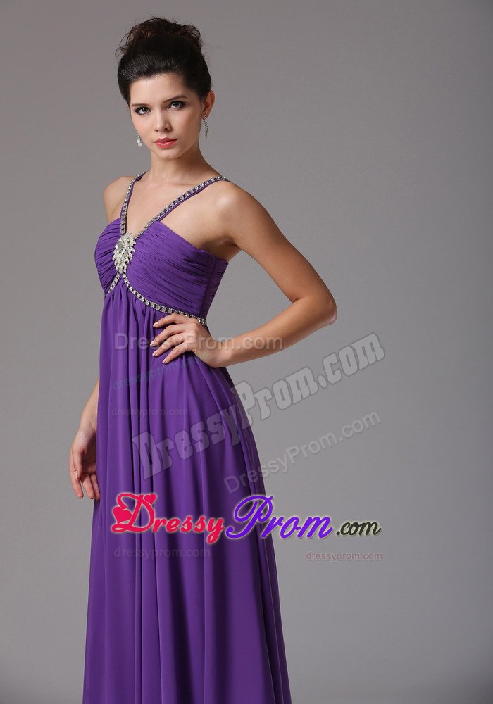 Purple Empire V-neck Prom Formal Dresses with Beading and Ruches
