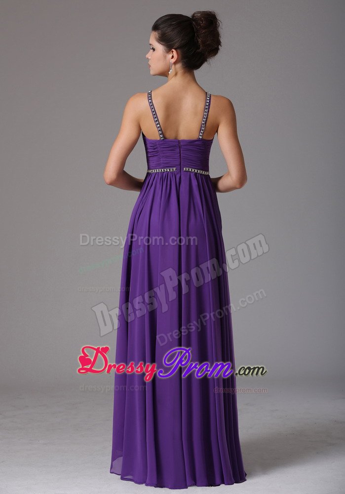 Purple Empire V-neck Prom Formal Dresses with Beading and Ruches