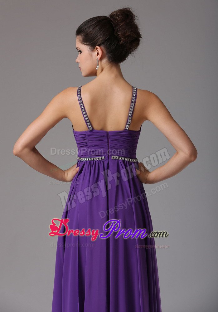 Purple Empire V-neck Prom Formal Dresses with Beading and Ruches