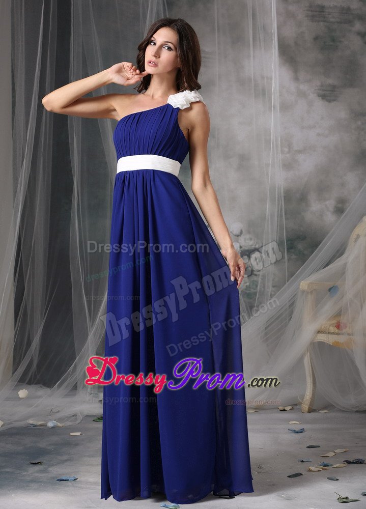 White Flowers and Belt Accent One Shoulder Blue Prom Formal Dress