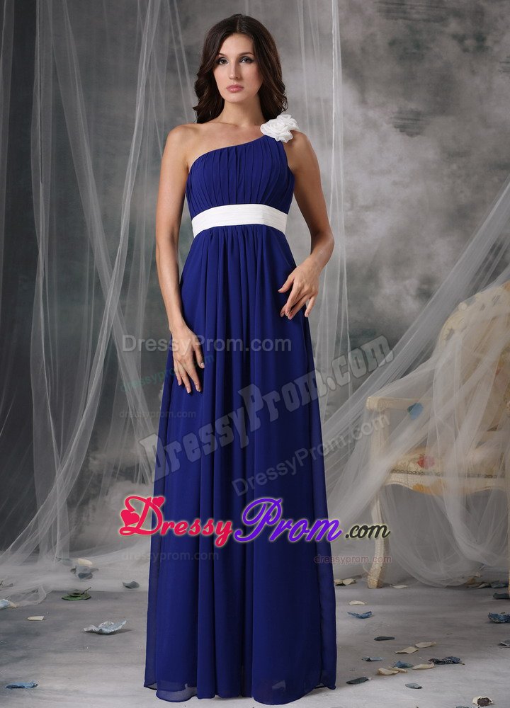 White Flowers and Belt Accent One Shoulder Blue Prom Formal Dress