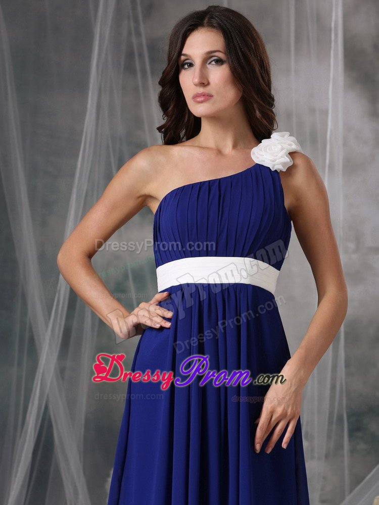 White Flowers and Belt Accent One Shoulder Blue Prom Formal Dress