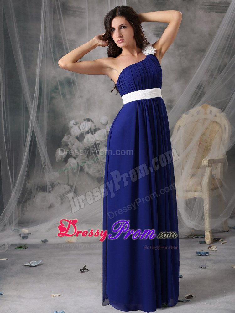 White Flowers and Belt Accent One Shoulder Blue Prom Formal Dress