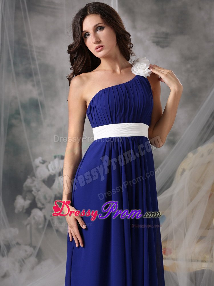 White Flowers and Belt Accent One Shoulder Blue Prom Formal Dress
