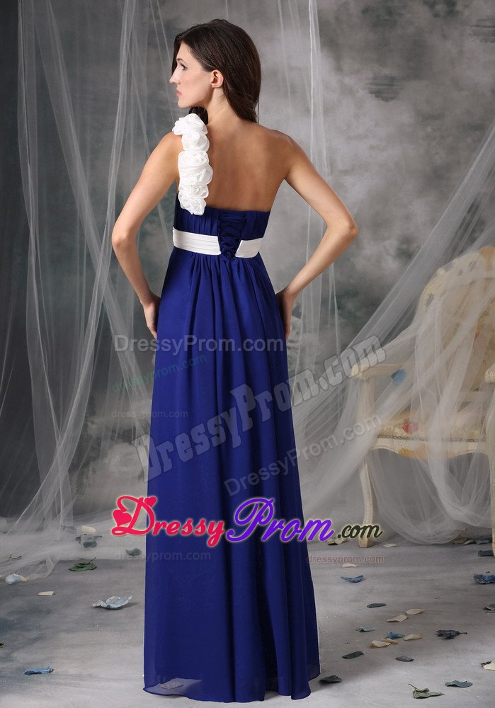 White Flowers and Belt Accent One Shoulder Blue Prom Formal Dress