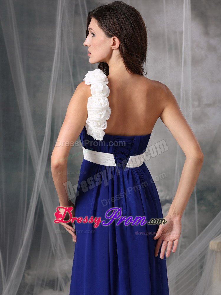 White Flowers and Belt Accent One Shoulder Blue Prom Formal Dress