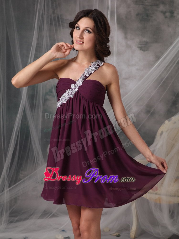 Appliqued One Shoulder Dark Purple Chiffon Mini Length Prom Gown