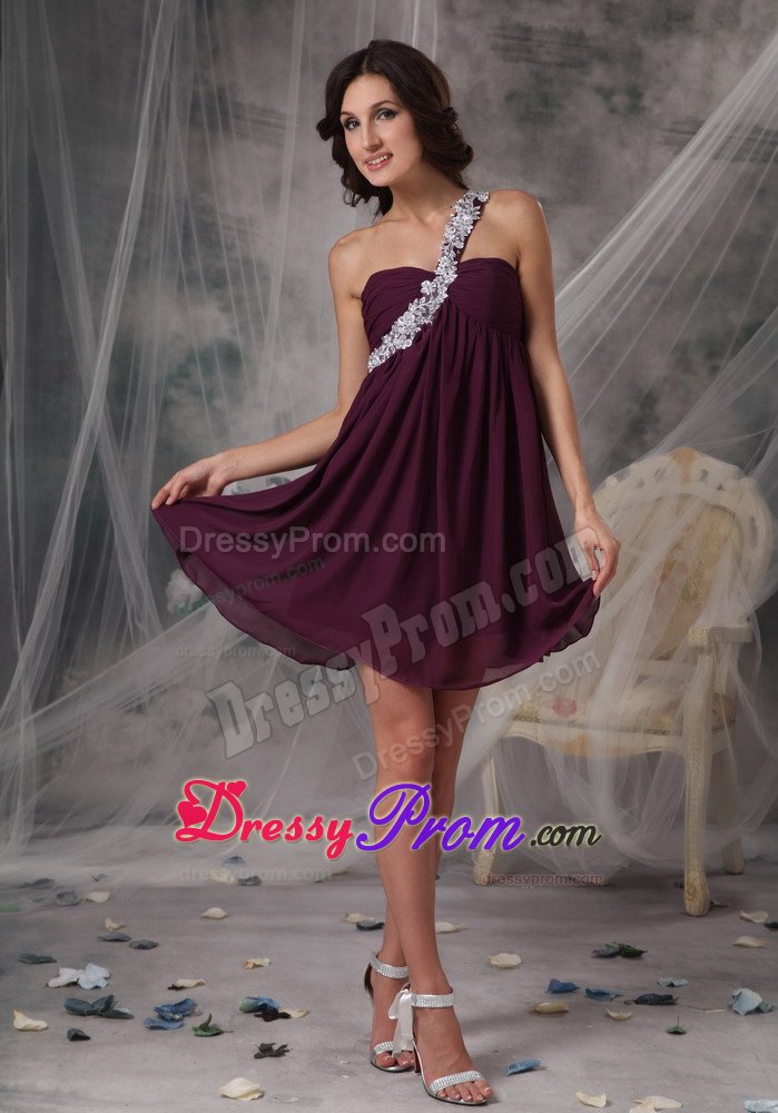 Appliqued One Shoulder Dark Purple Chiffon Mini Length Prom Gown