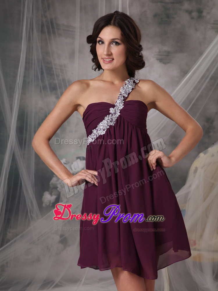 Appliqued One Shoulder Dark Purple Chiffon Mini Length Prom Gown