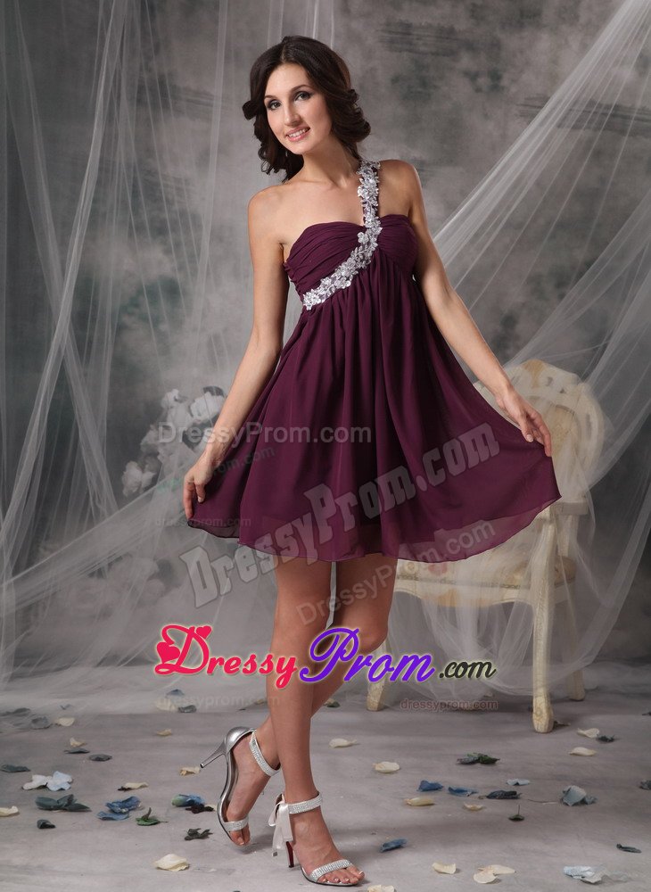 Appliqued One Shoulder Dark Purple Chiffon Mini Length Prom Gown