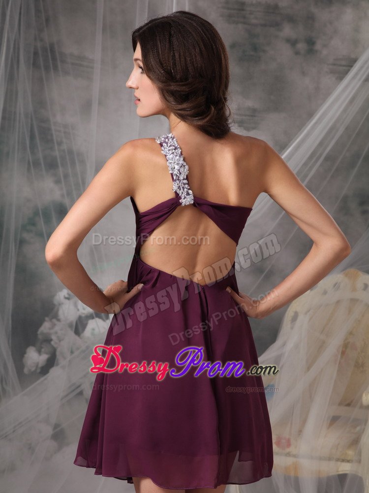 Appliqued One Shoulder Dark Purple Chiffon Mini Length Prom Gown