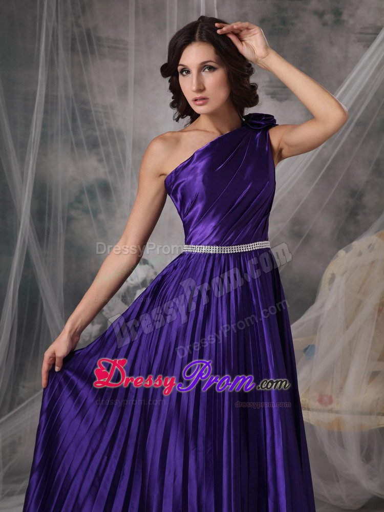 Pleated Eggplant Purple One Shoulder Prom Formal Dresses Beading
