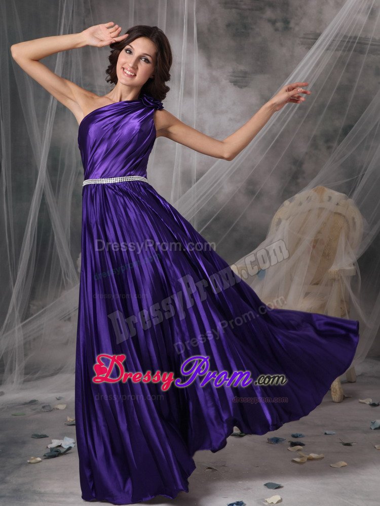 Pleated Eggplant Purple One Shoulder Prom Formal Dresses Beading