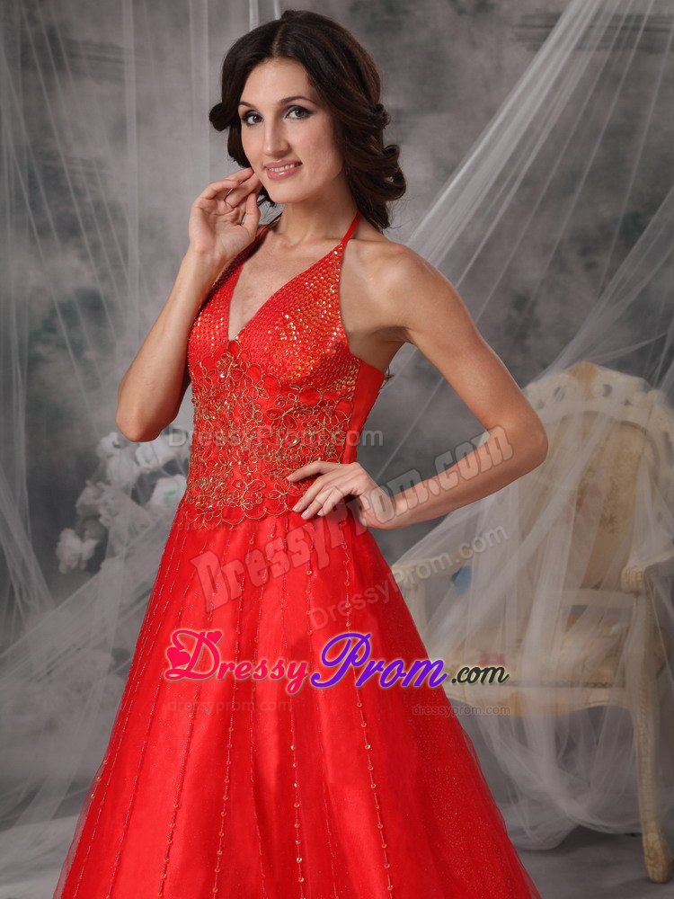 Appliques Accent Red A-line Halter Organza Prom Dresses for Cheap