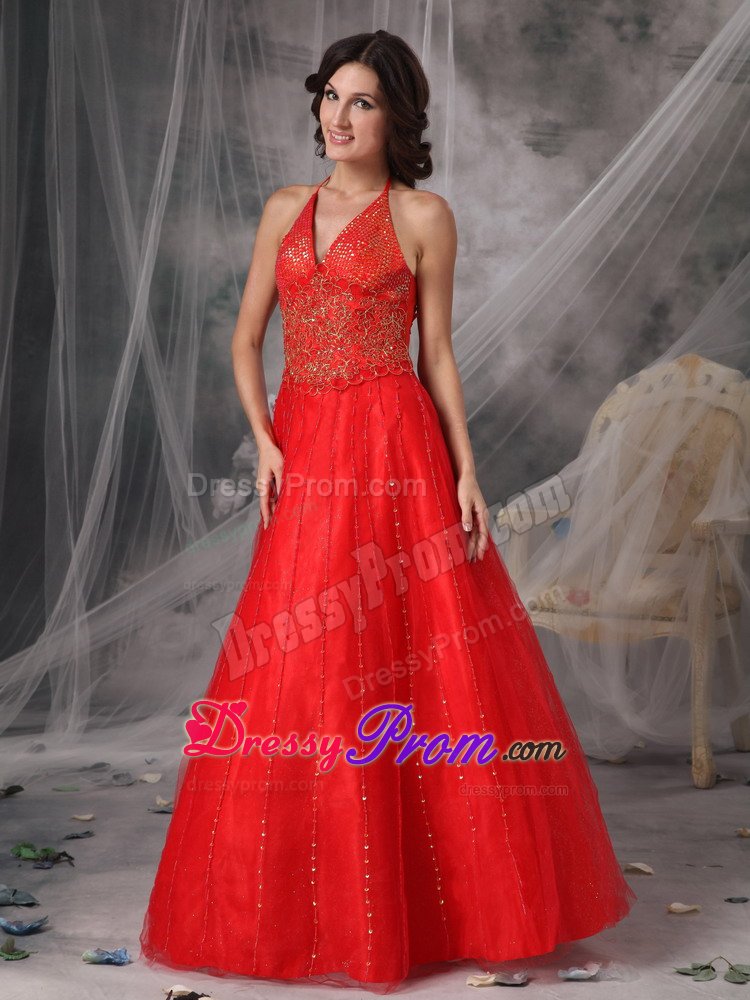 Appliques Accent Red A-line Halter Organza Prom Dresses for Cheap