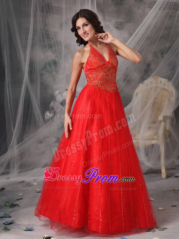 Appliques Accent Red A-line Halter Organza Prom Dresses for Cheap